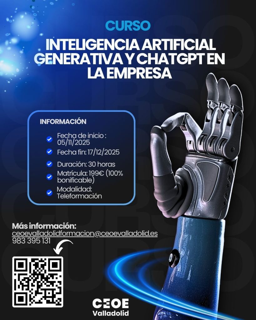 Cartel Inteligencia artificial generativa y Chatgpt en la empresa Cursos CEOE Valladolid